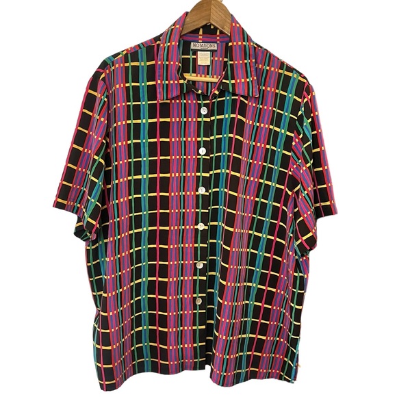 Vintage 90s multicolor plaid button down short sleeved shirt 40/20W - Picture 2 of 8